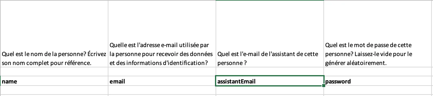 Colonne assistantEmail dans la feuille de calcul