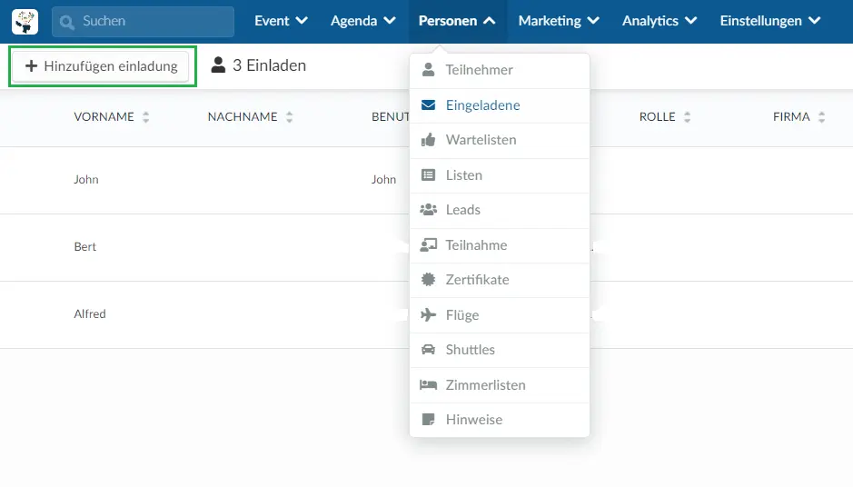 Personen > Eingeladene > +Einladung hinzufügen.