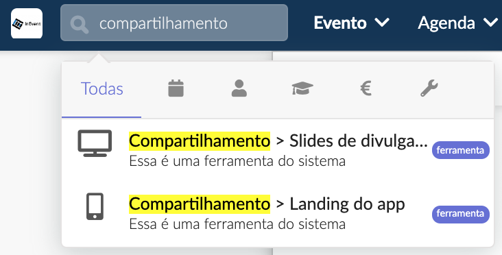 Digitando "compartilhamento" na barra de pesquisa