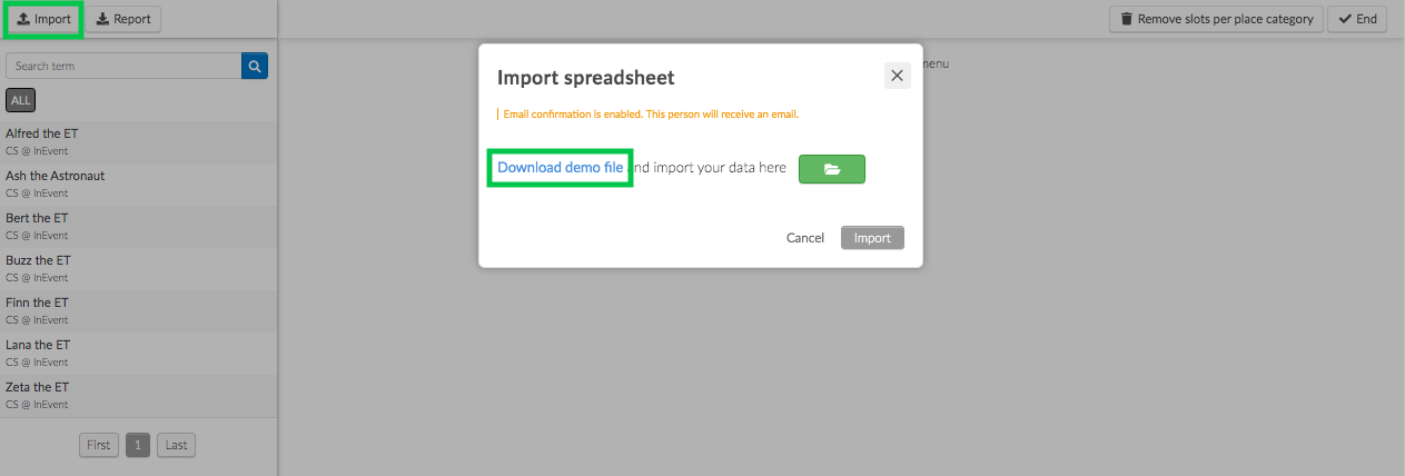 Import spreadsheet