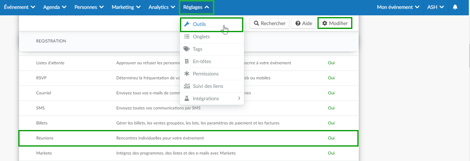 activer la fonctionnalité de réunions