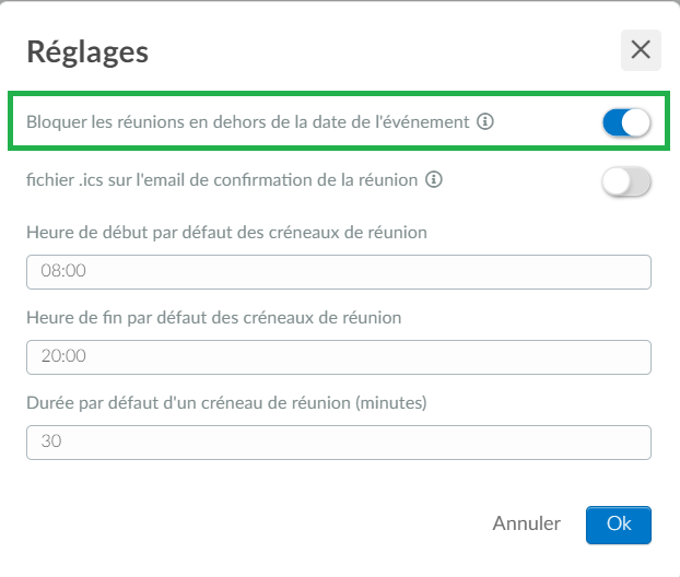 Bloquer les réunions en dehors de la date de l'événement.