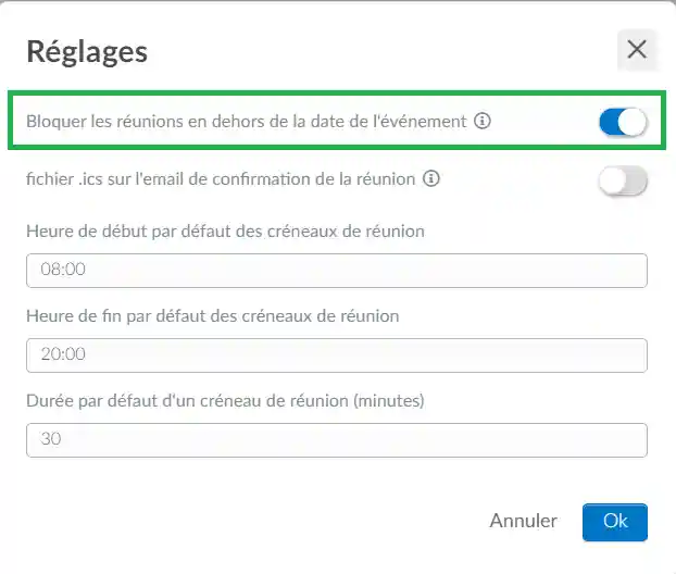 Bloquer les réunions en dehors de la date de l'événement.