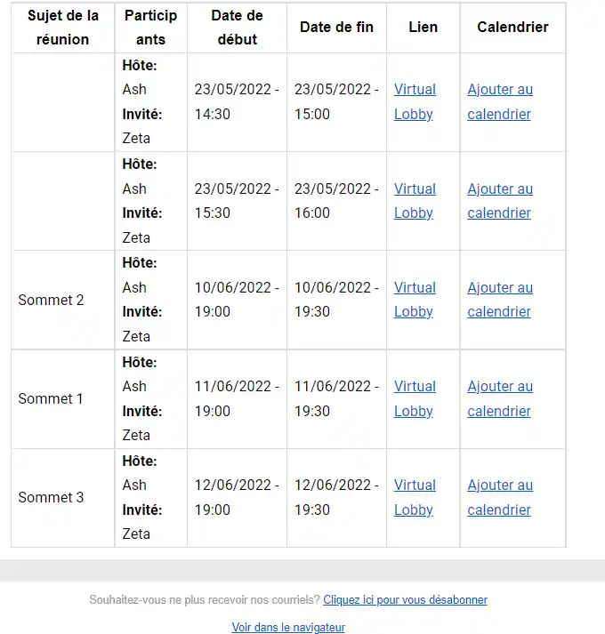 table de réunion dans l'email