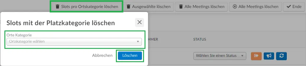 Wie kann ich alle Meetings, die sich an einem Ort befinden, löschen?