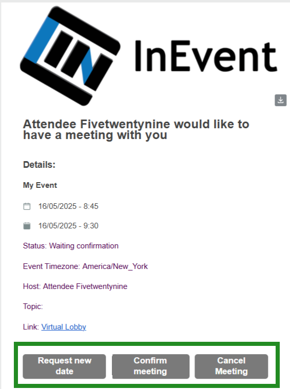 Confirm, cancel and request new date buttons on email.