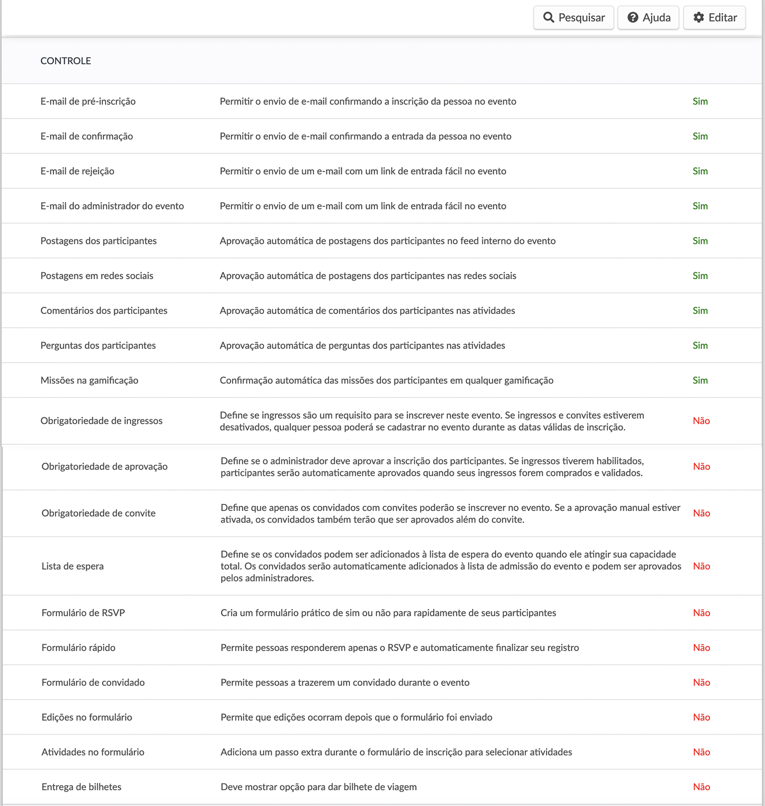 Captura de tela da seção de ferramentas de controle.
