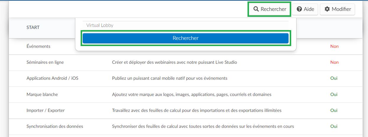 Capture d'écran montrant comment rechercher un outil en cliquant sur le bouton en surbrillance "Rechercher".