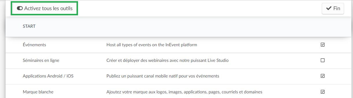 Image montrant comment activer le bouton en surbrillance "activez tous les outils".