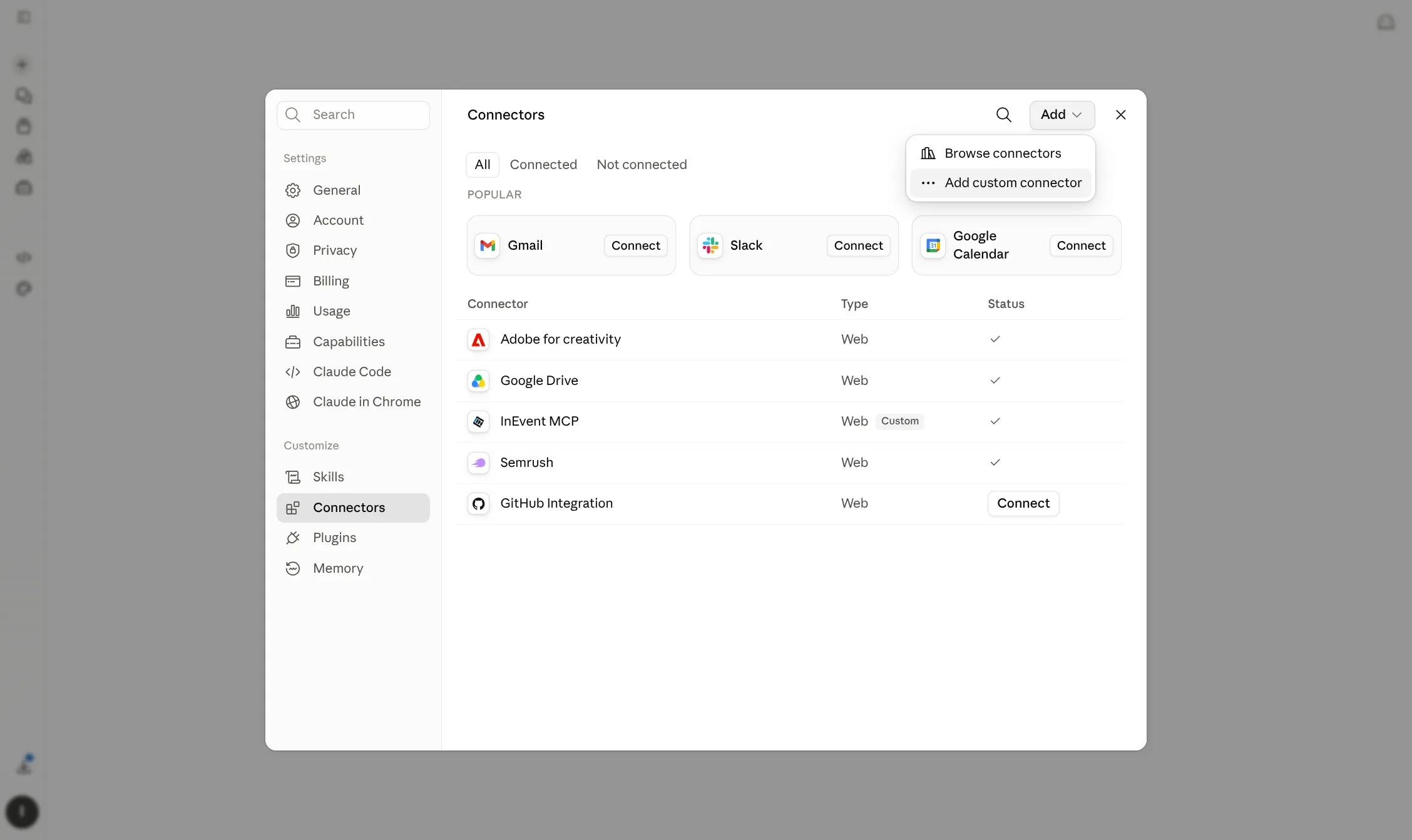 Screenshot showing Claude's Connectors configuration