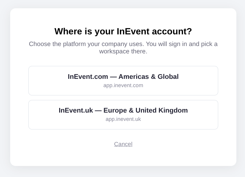 Screenshot showing the InEvent server selector