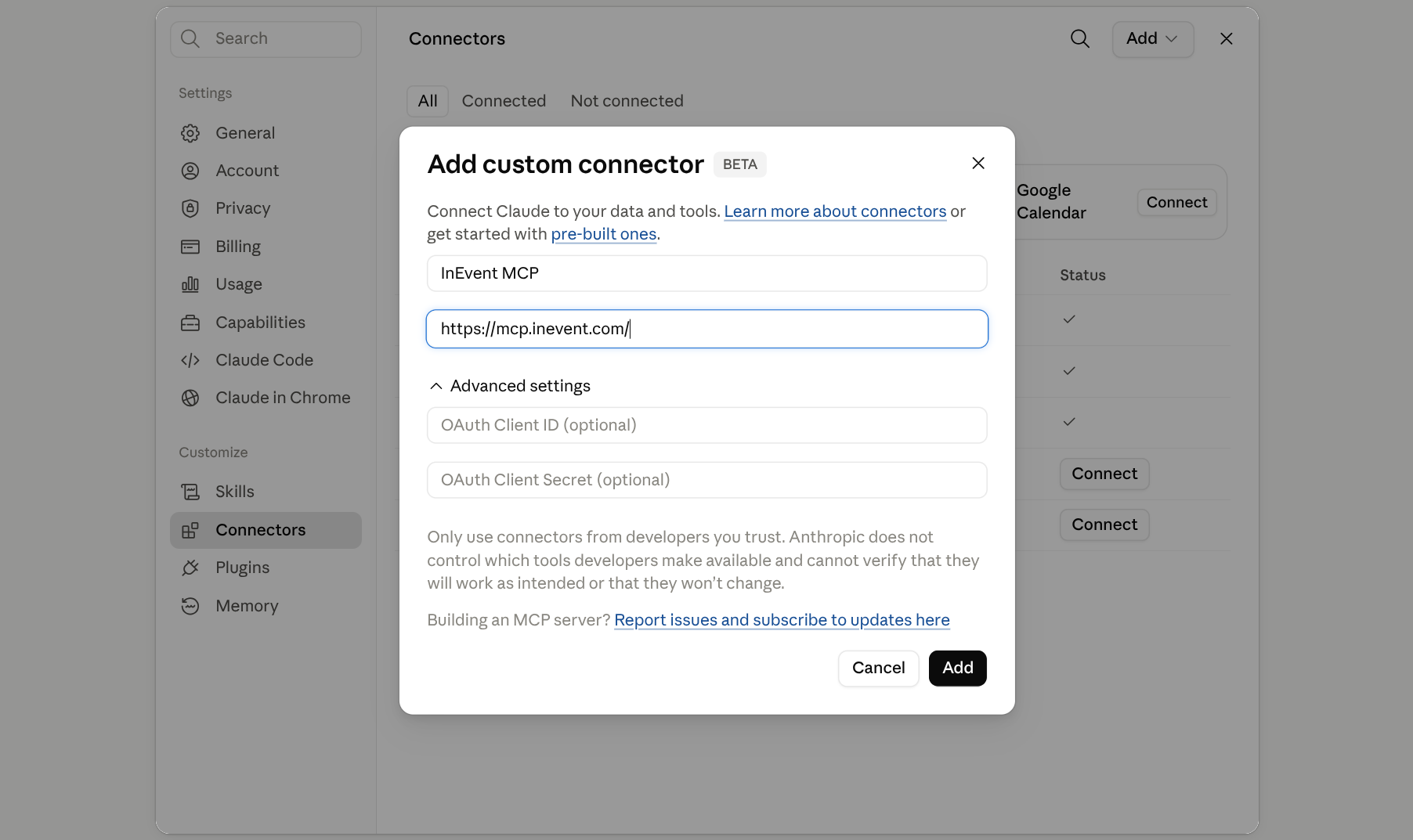 Screenshot showing the add Remote MCP server pop-up box