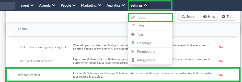 Screenshot of settings>tools>two tab schedule