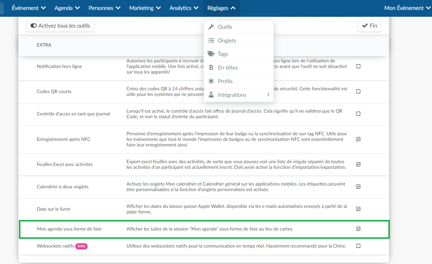 Activer l'outil 'Mon agenda sous forme de liste' dans les outils de l'événement