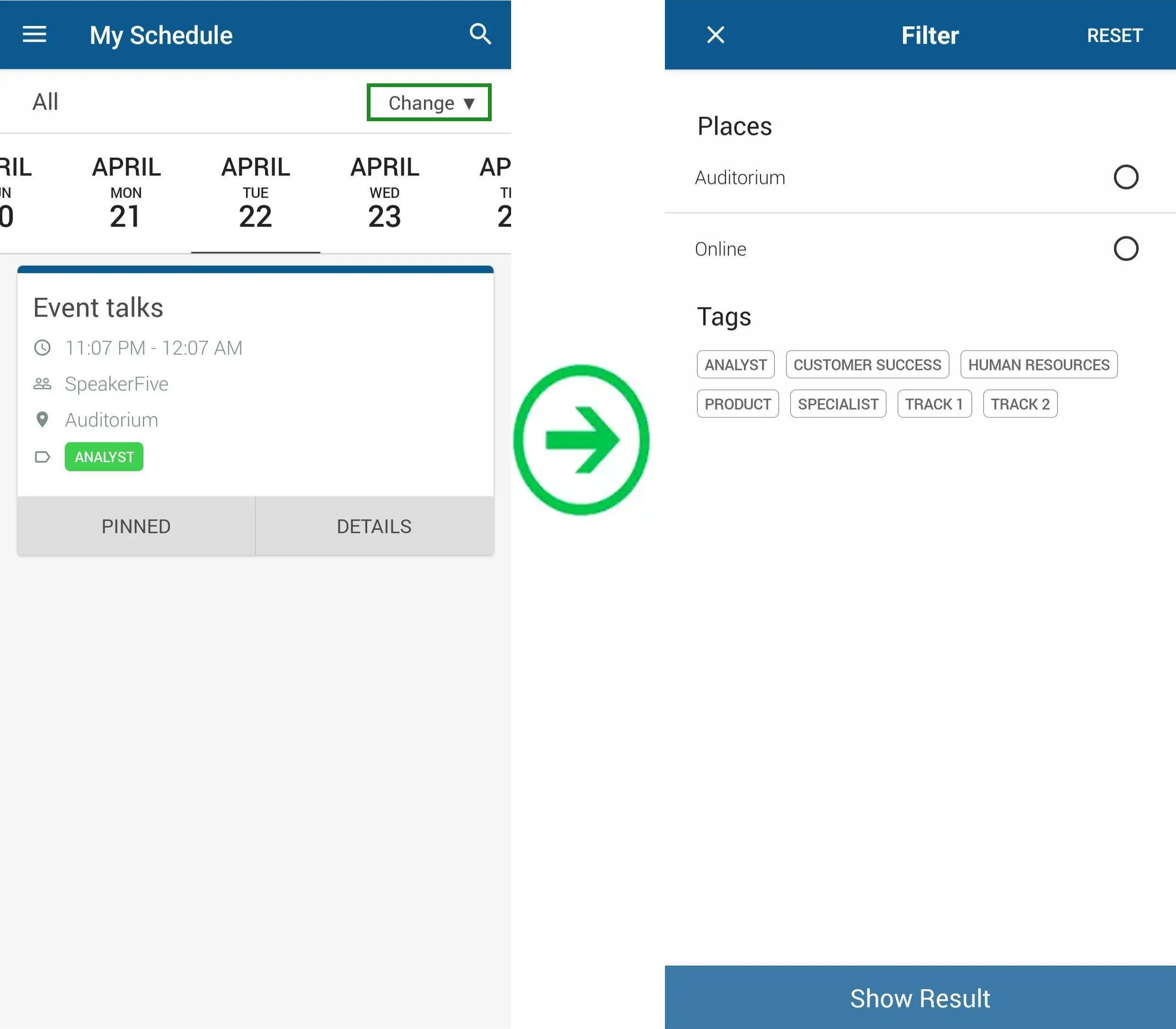 Change button on the events agenda