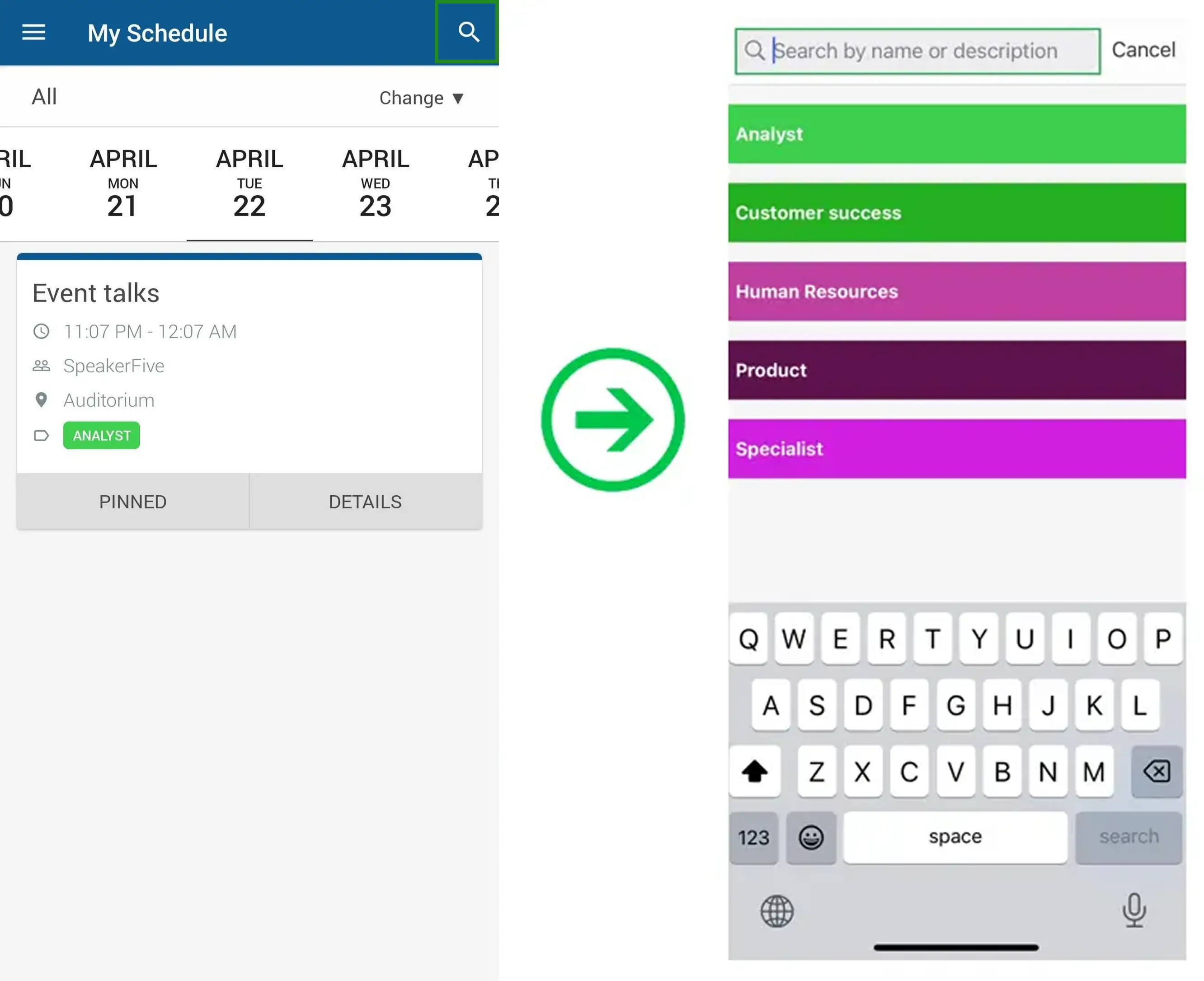 Search button on the app's agenda