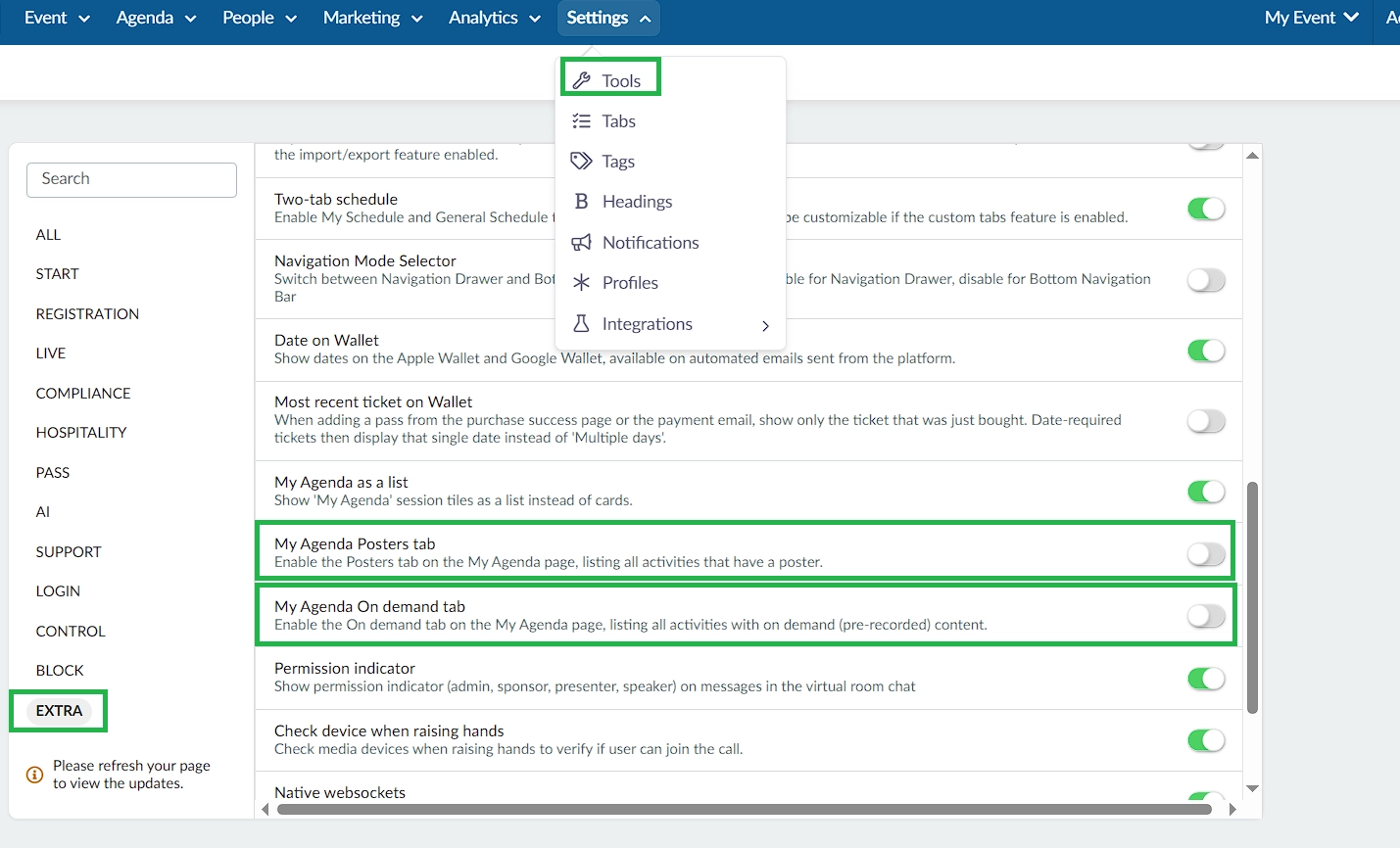 Image showing where the My Agenda Posters & On demand tabs are in the Settings > Tools page.
