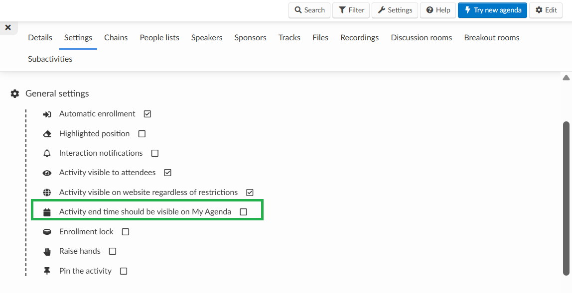 Disabling the Activity end time tool