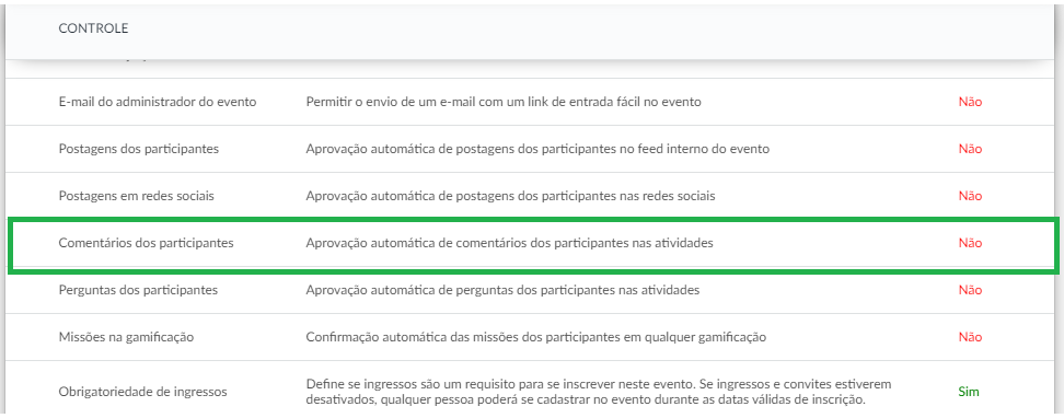 Captura de tela: ativando comentários dos participantes