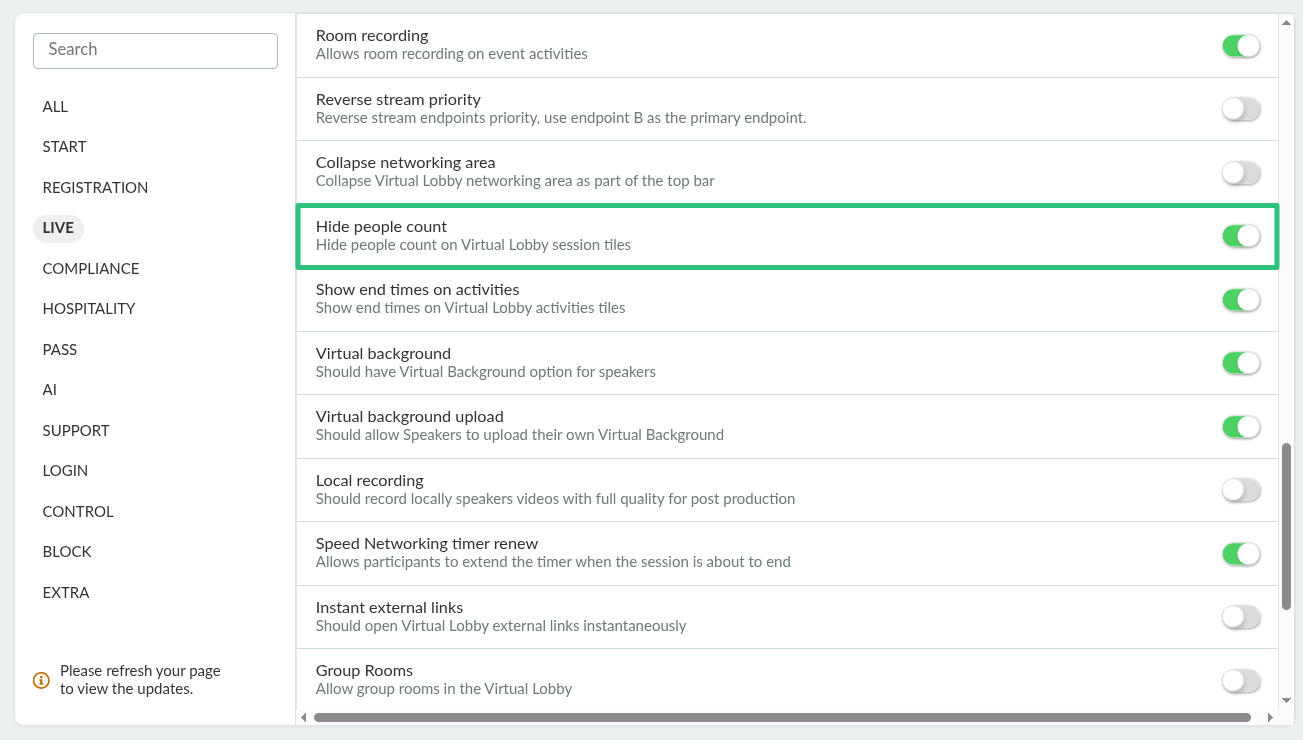 Screenshot showing the Hide people count tool within Event tools