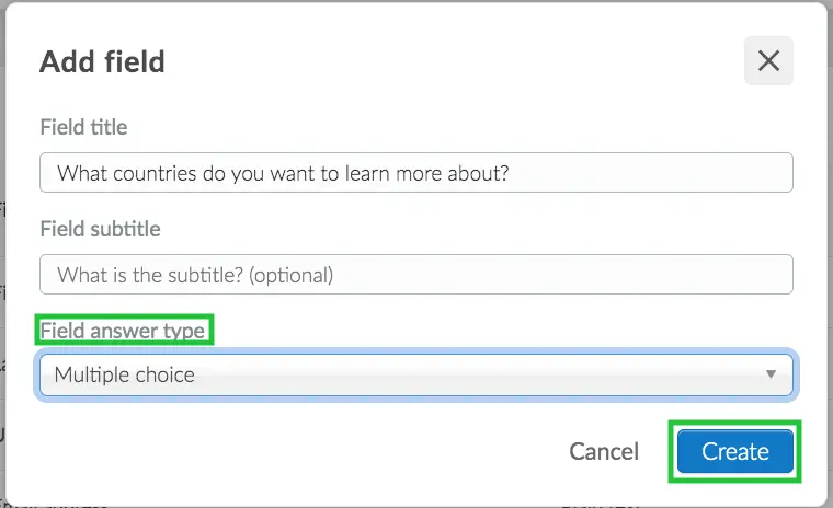 Image showing the multiple choice option from the drop down menu of answer types