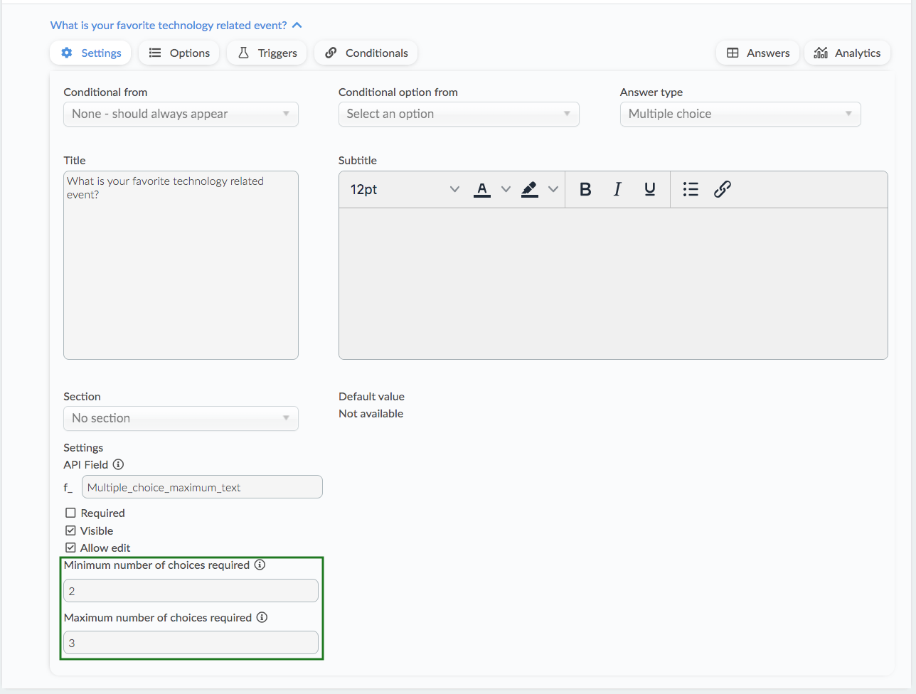 Image showing the minimum number of choices tab in the settings of a question