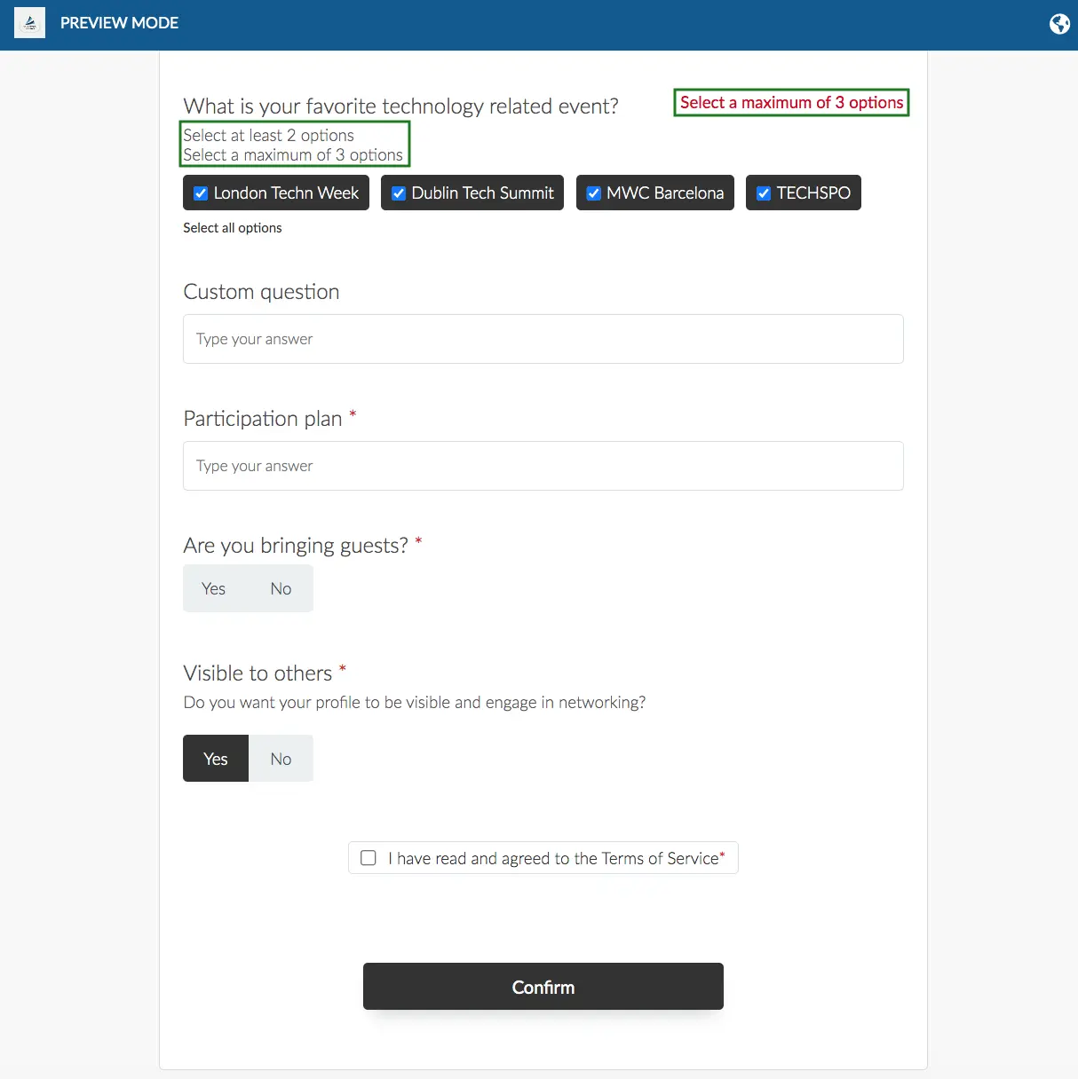 Image showing the error notification which appears when a user selects more or less than the set amount of possible responses for a multiple choice question on the form