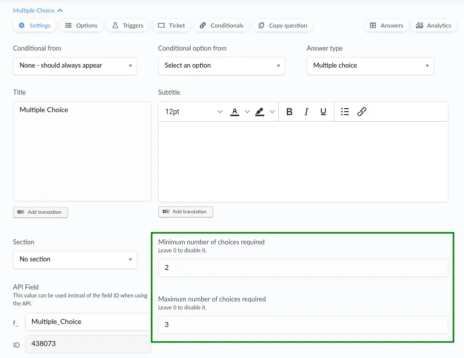Image showing the minimum number of choices tab in the settings of a question