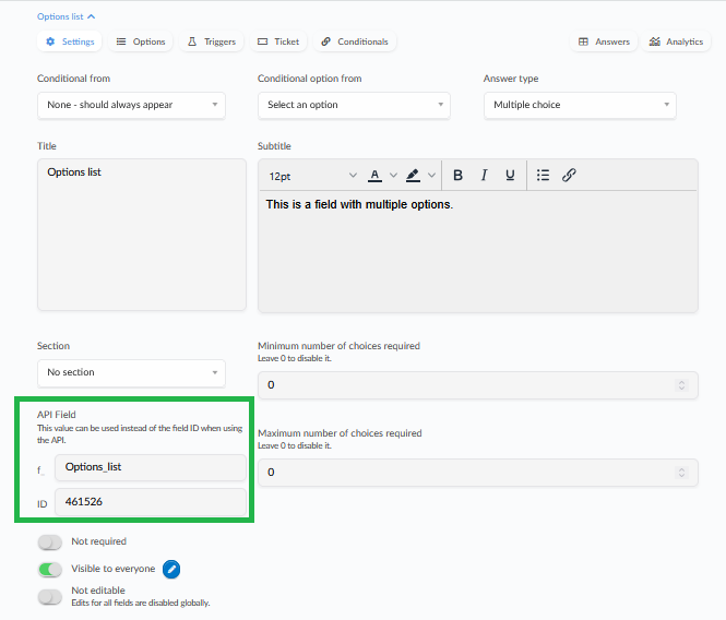 Screenshot of the automatically generated API field name