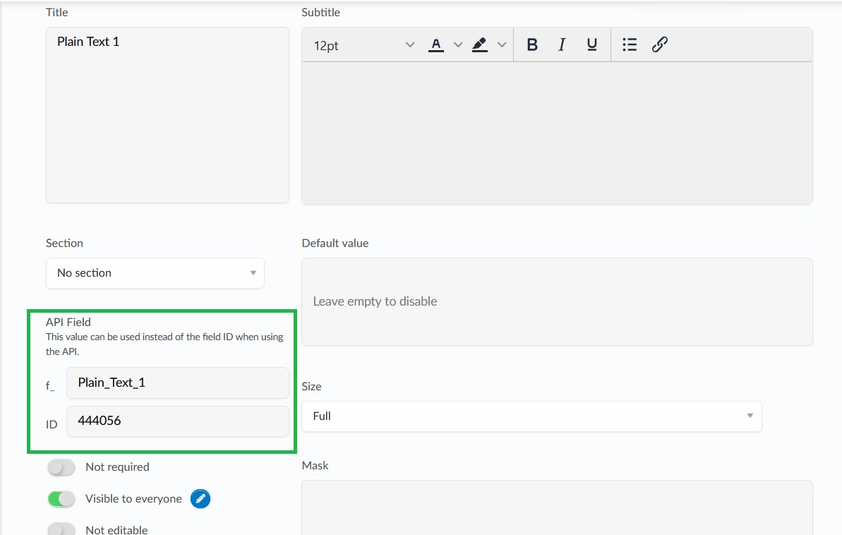 Screenshot of the automatically generated API field name