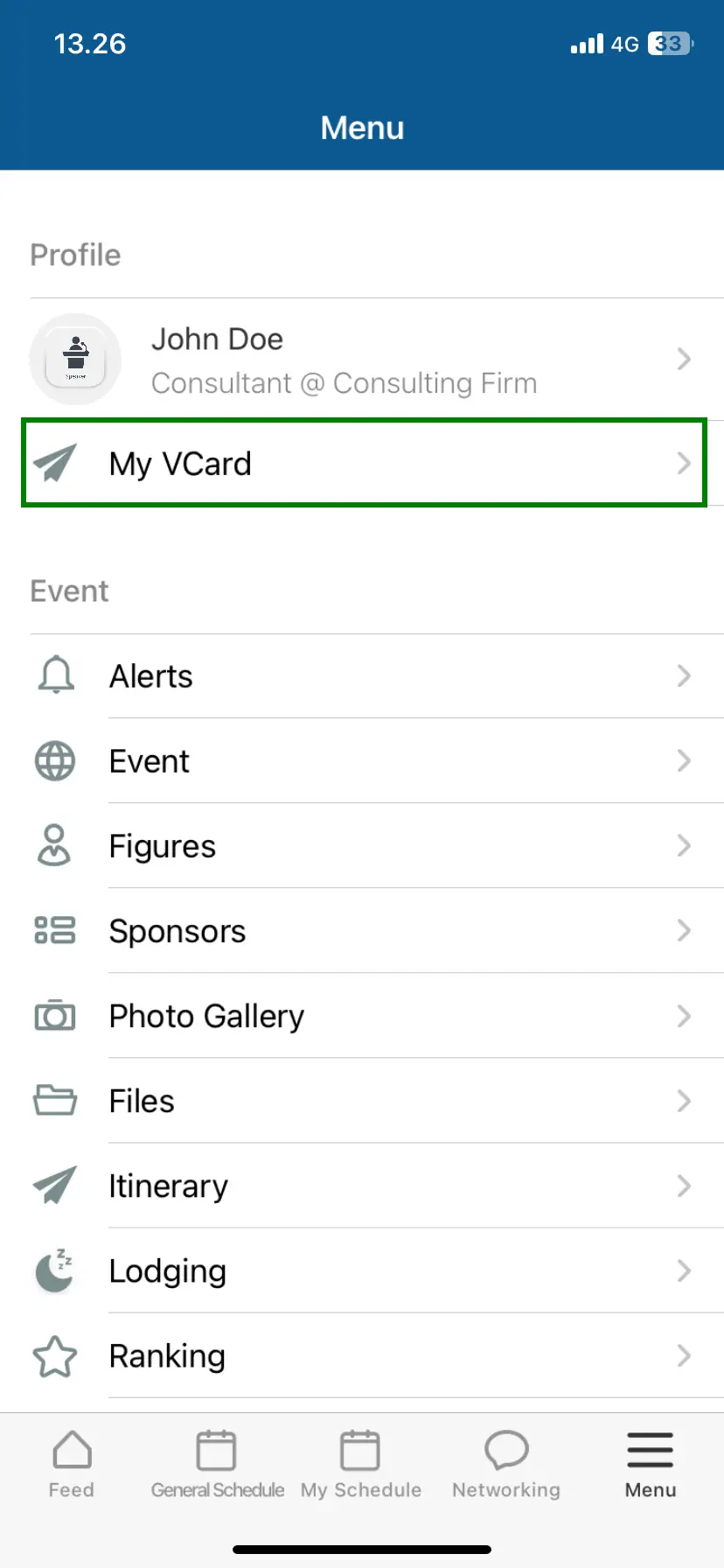 Screenshot showing My VCard menu on the mobile app