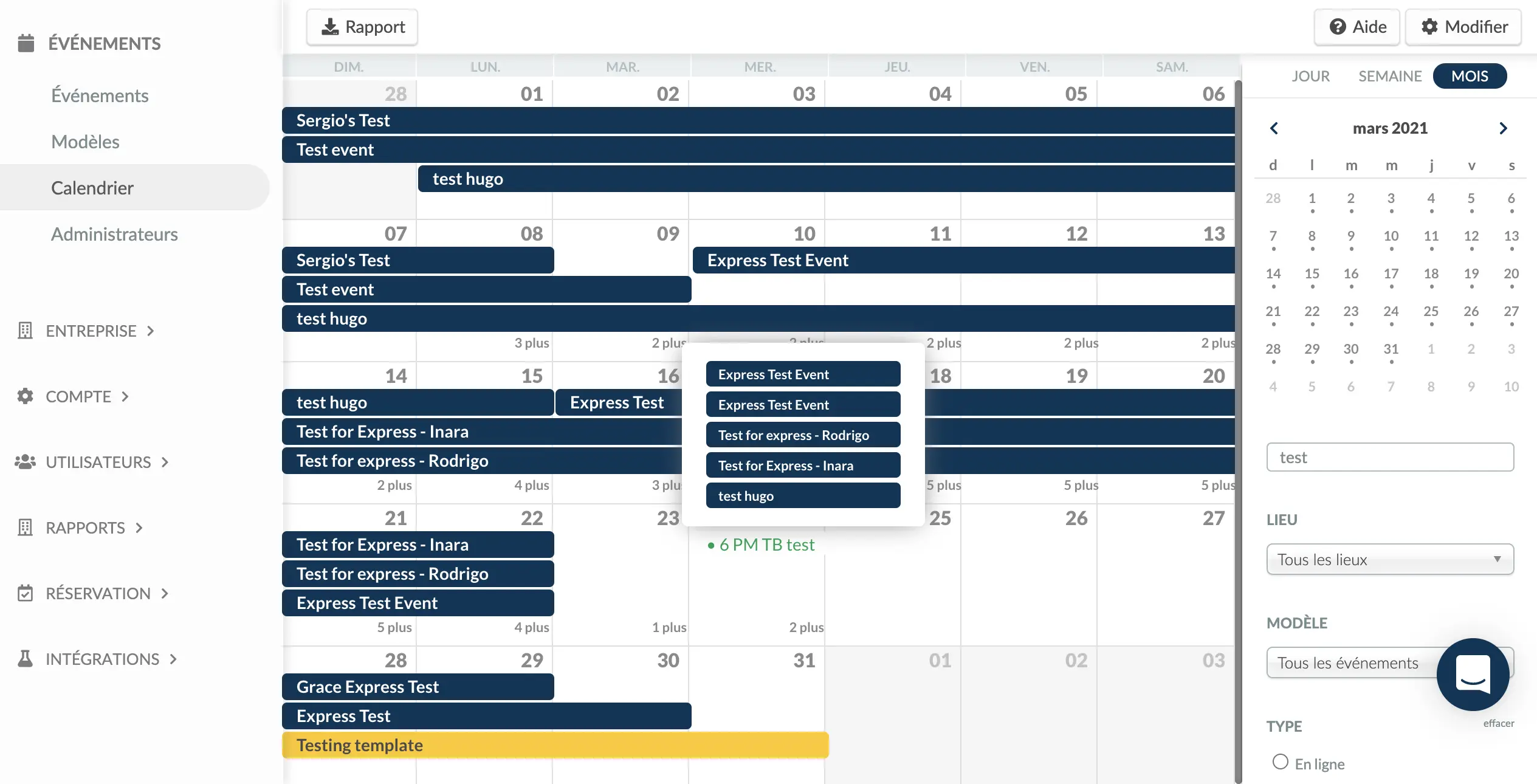 calendrier des événements