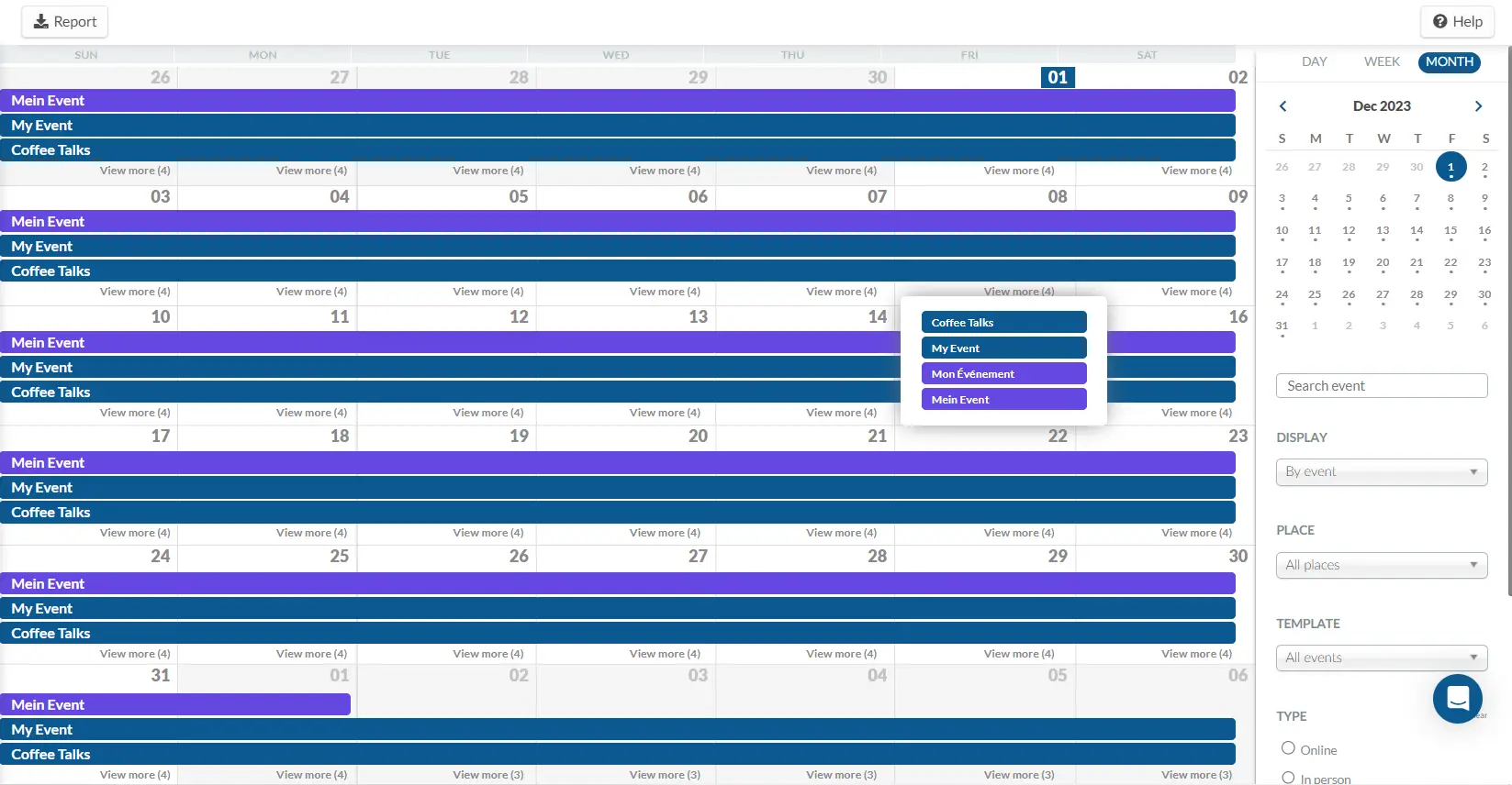 Calendar interface in company level