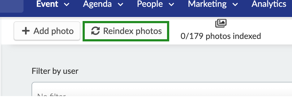 Image showing Re-index button to admins at Event > Content > Photo gallery. 