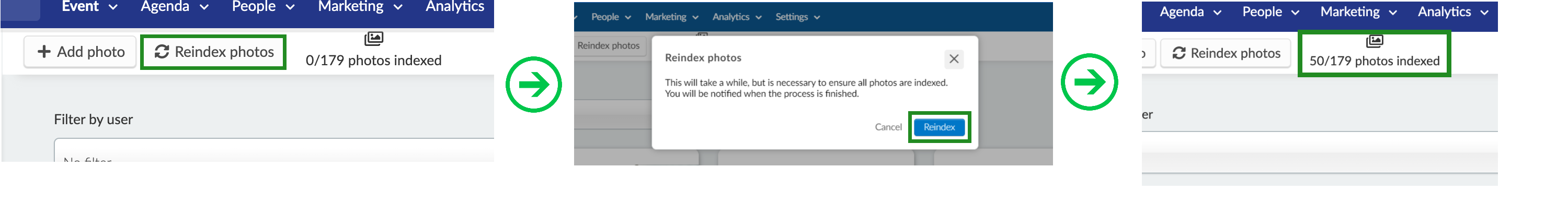 Image showing how to re-index photos and its progress. 