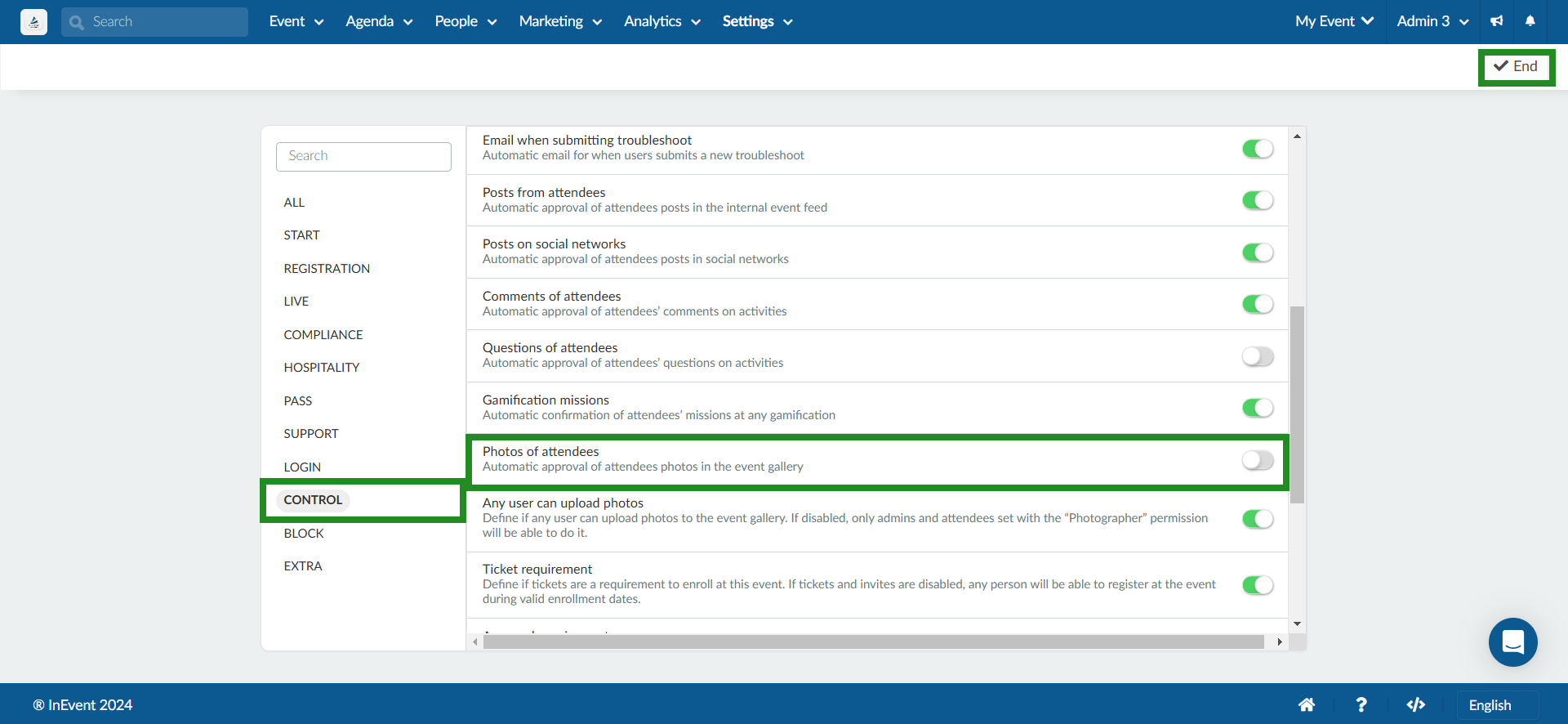 Image showing Photos of Attendees tool disabled at Settings > Tools > Control section.