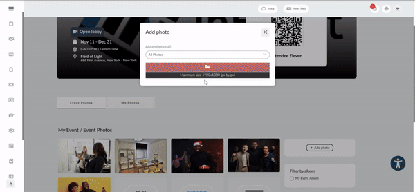 Gif showing attendee uploading photo and admin approving at Event > Content > Photo Gallery. 