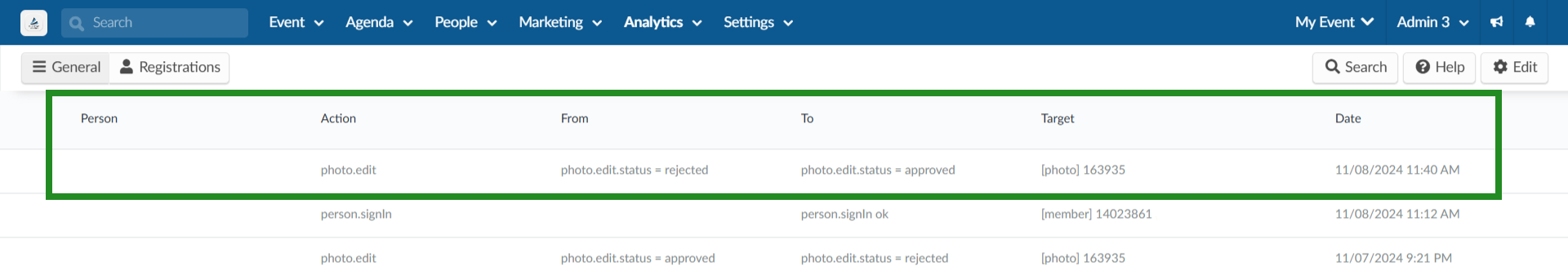 Image showing detailed photo log of approved and rejected photos at Analytics > Audit report.