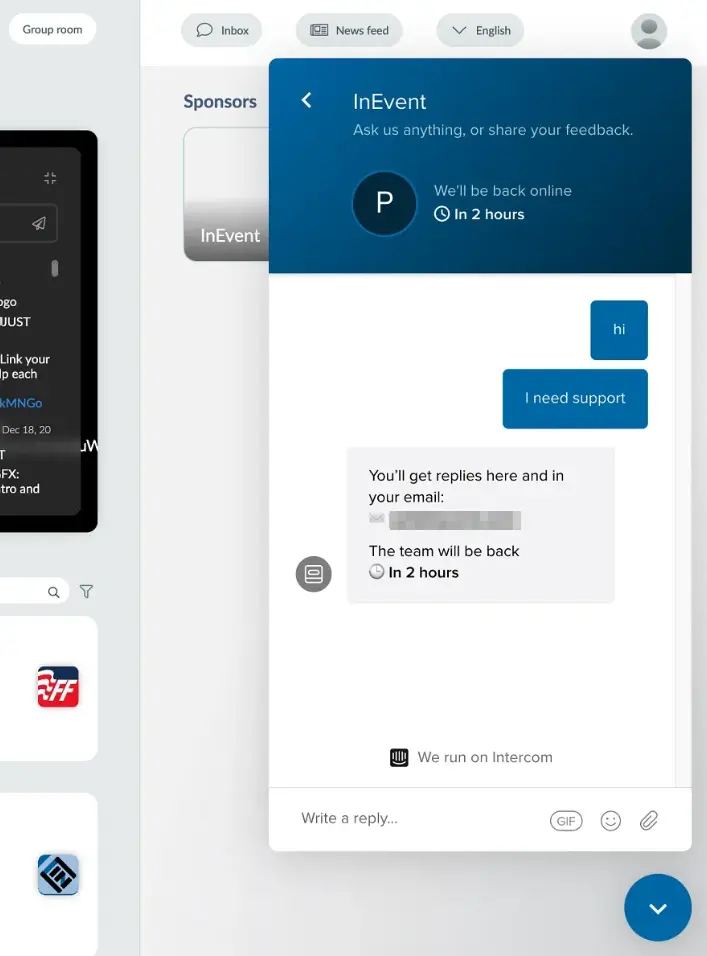 Screenshot of the Intercom chat pop-up in the Virtual Lobby.