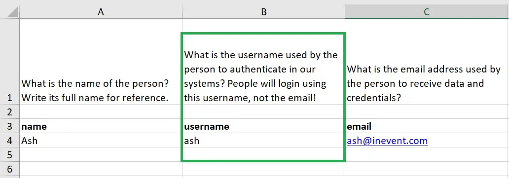 Registering attendees via spreadsheet with username