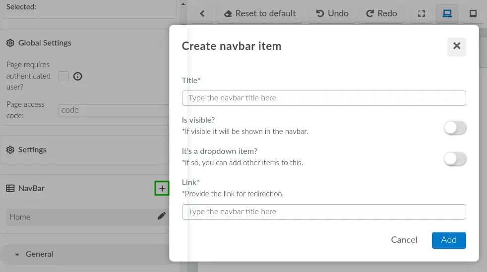 Screenshot showing the create navbar item pop-up box