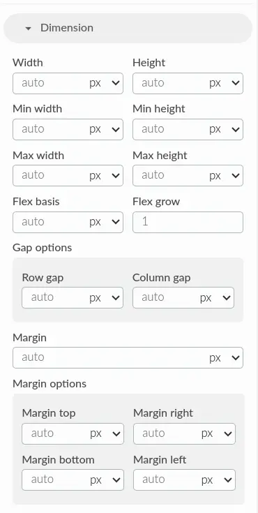 Screenshot showing the dimension, gap and margin settings