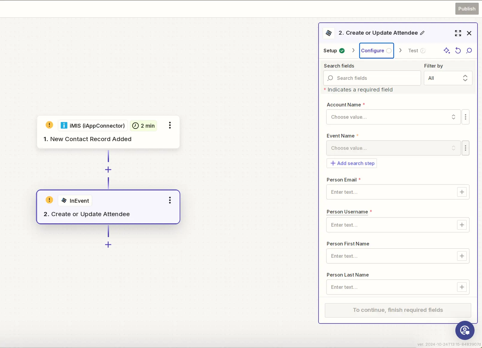 Image showing InEvent's fields to fill in for mapping data between InEvent and IMIS