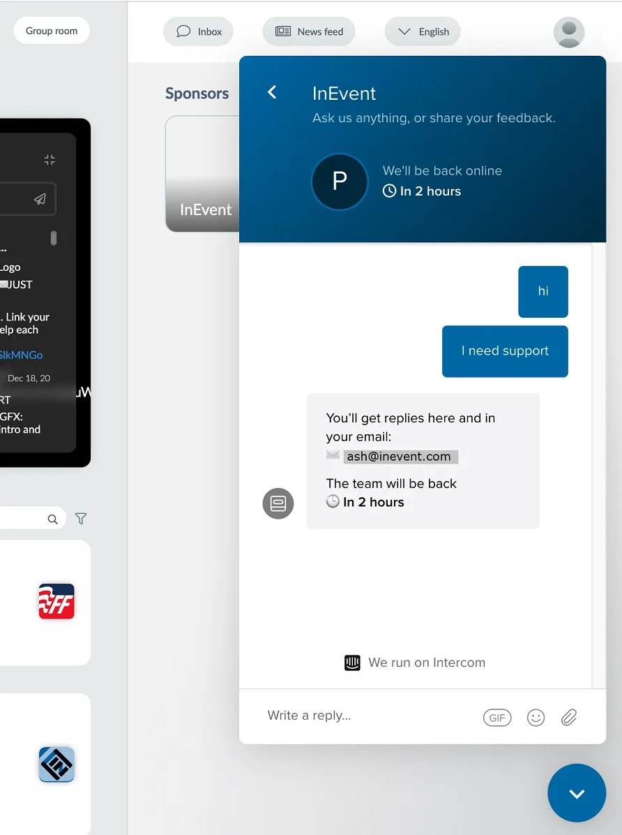 Screenshot of the Intercom chat pop-up in the Virtual Lobby.