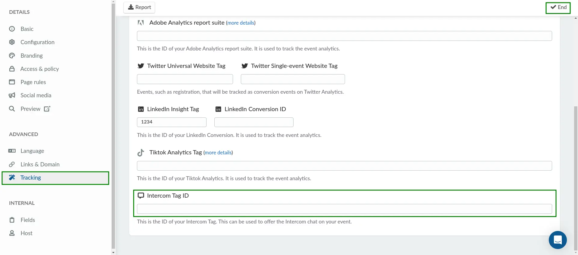 Screenshot showing the Intercom Tag ID field in Event details.