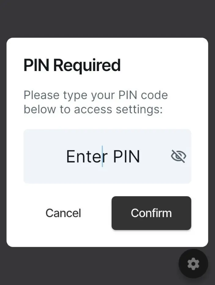 Screen showing the PIN input screen