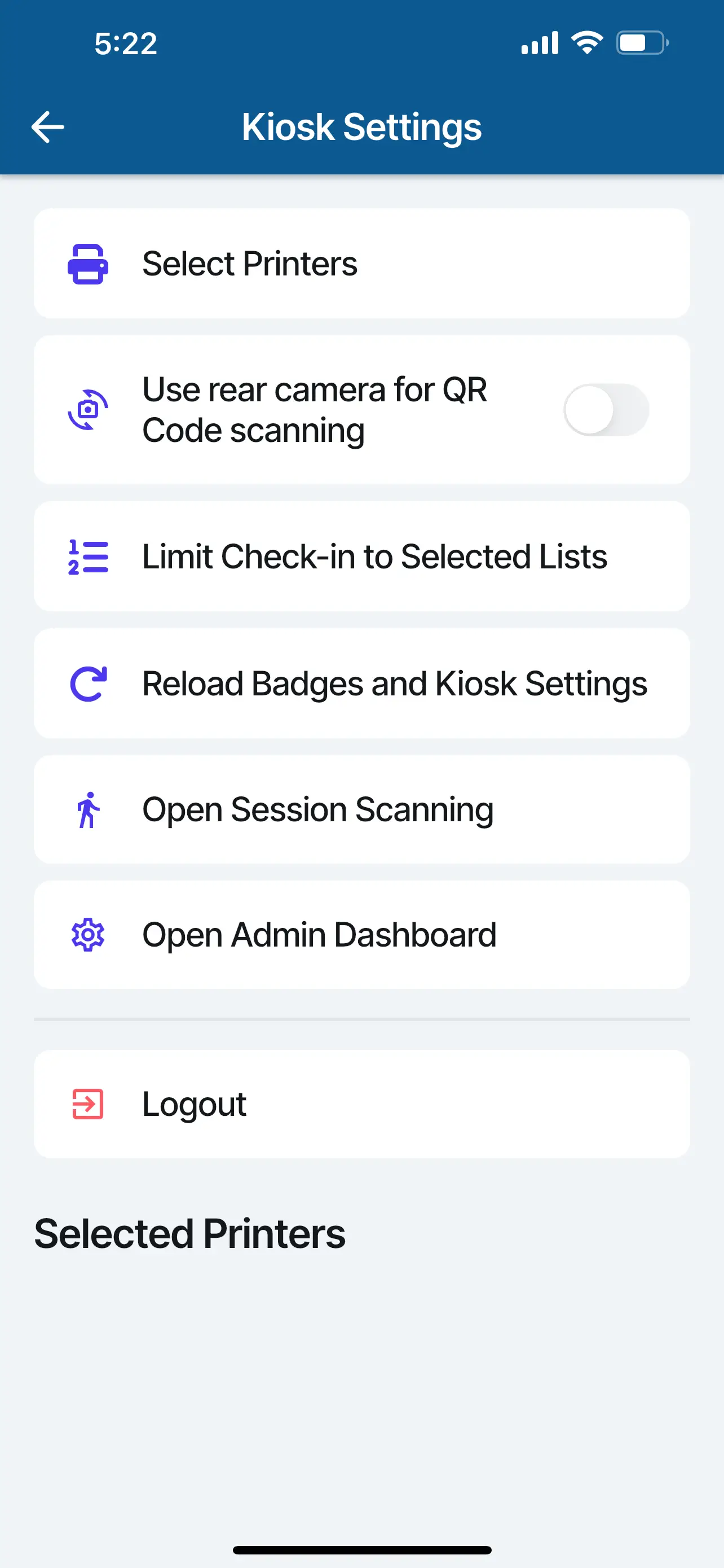 Screenshot showing the kiosk settings