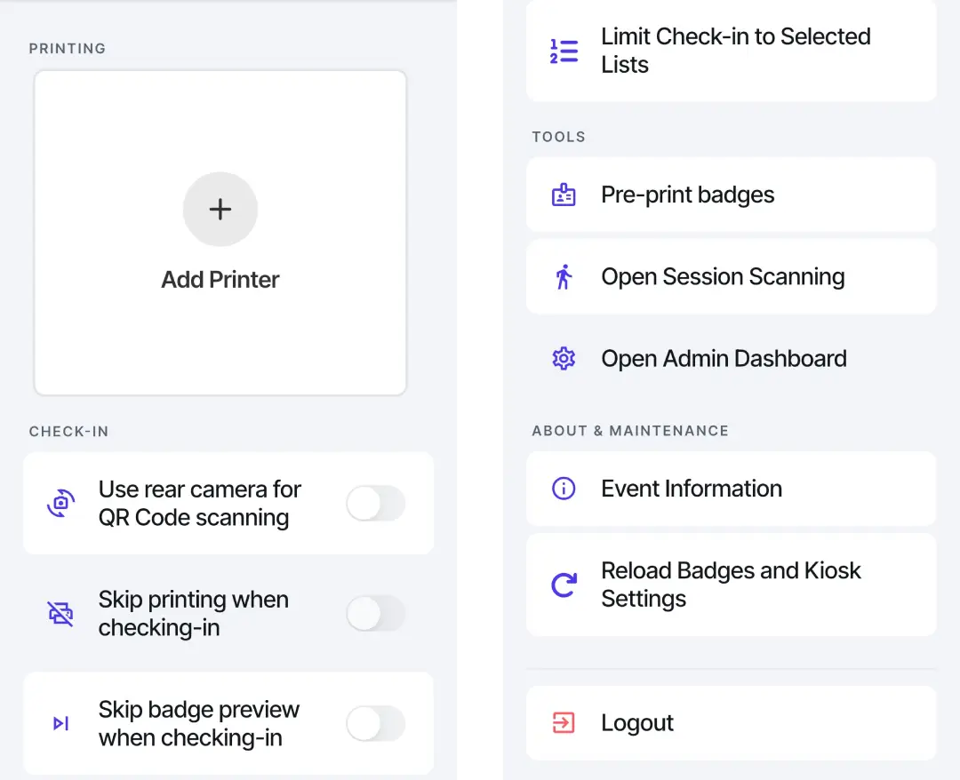 Screenshot showing the kiosk settings
