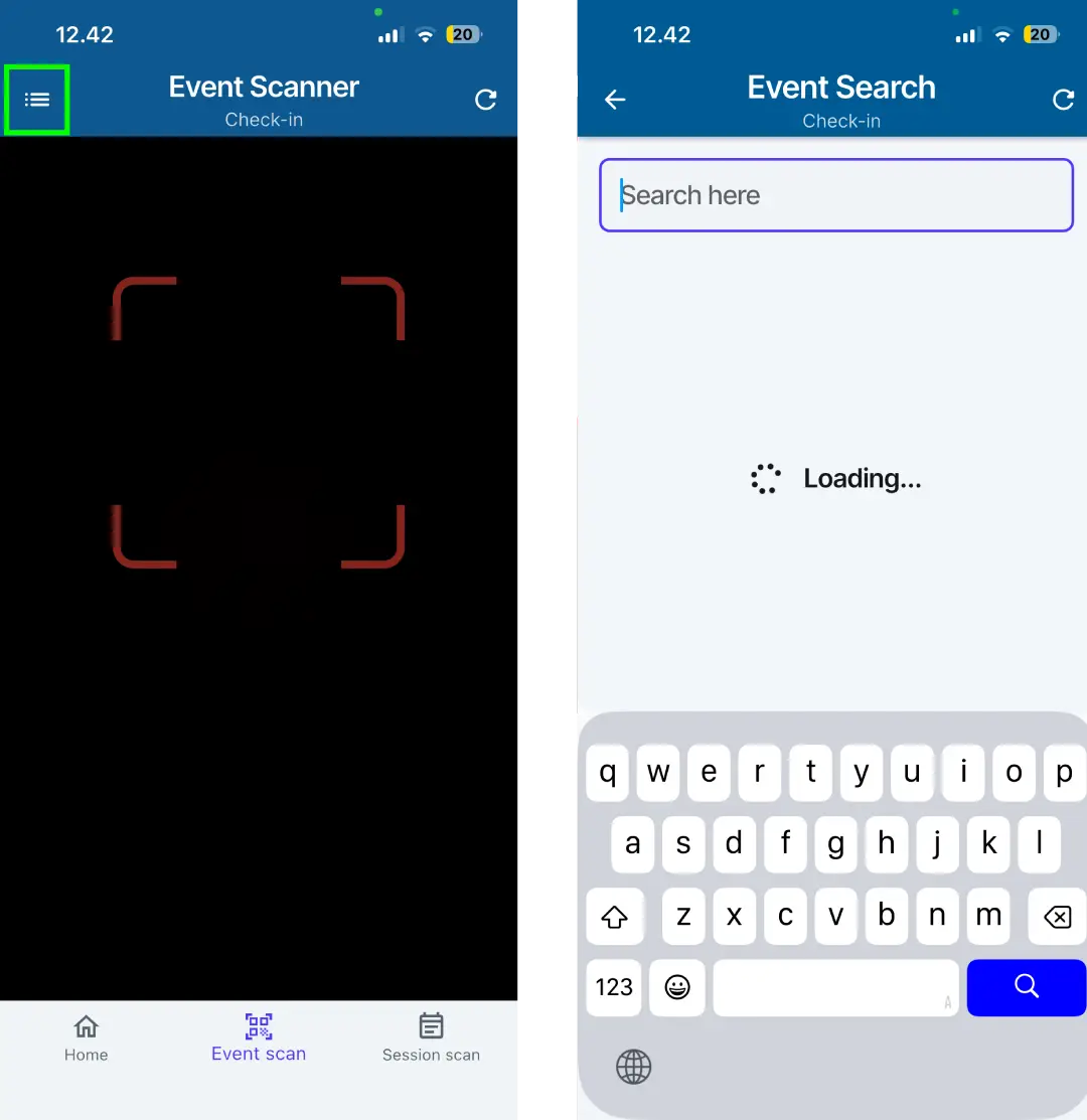 Screenshot showing the event scan search menu
