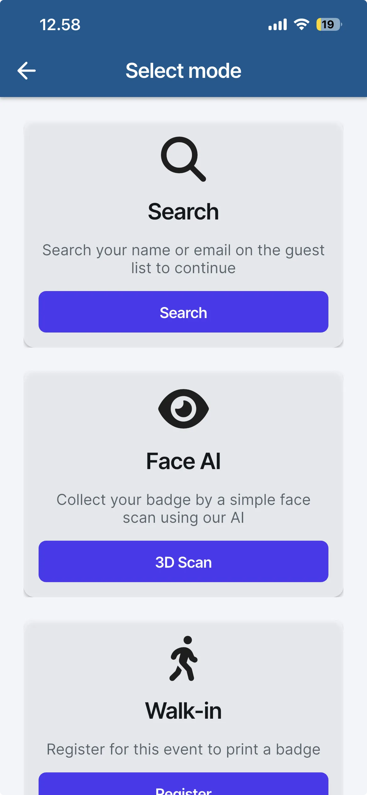 Screenshot showing the Kiosk selection menu